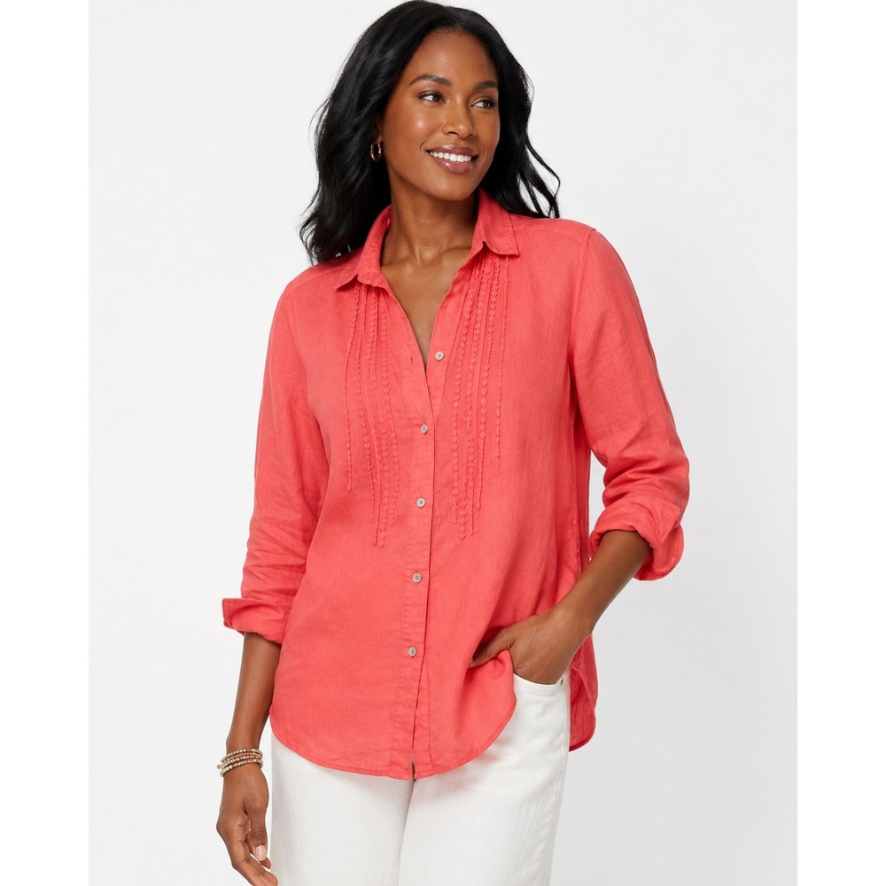Malvin‎ 100% Linen Coral Button Front Shirt Womens L Embroidered Coastal